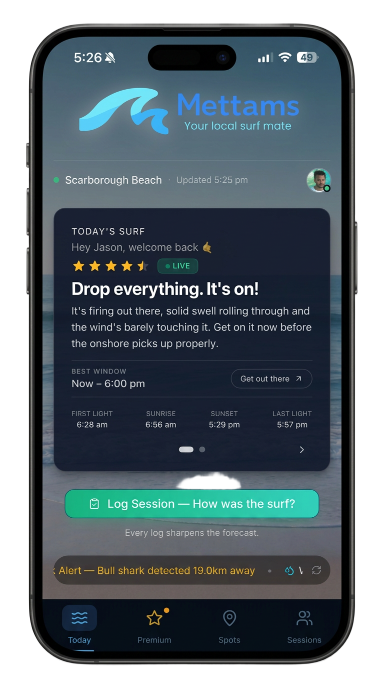 Mettams app on a phone, showing Scarborough Beach surf call